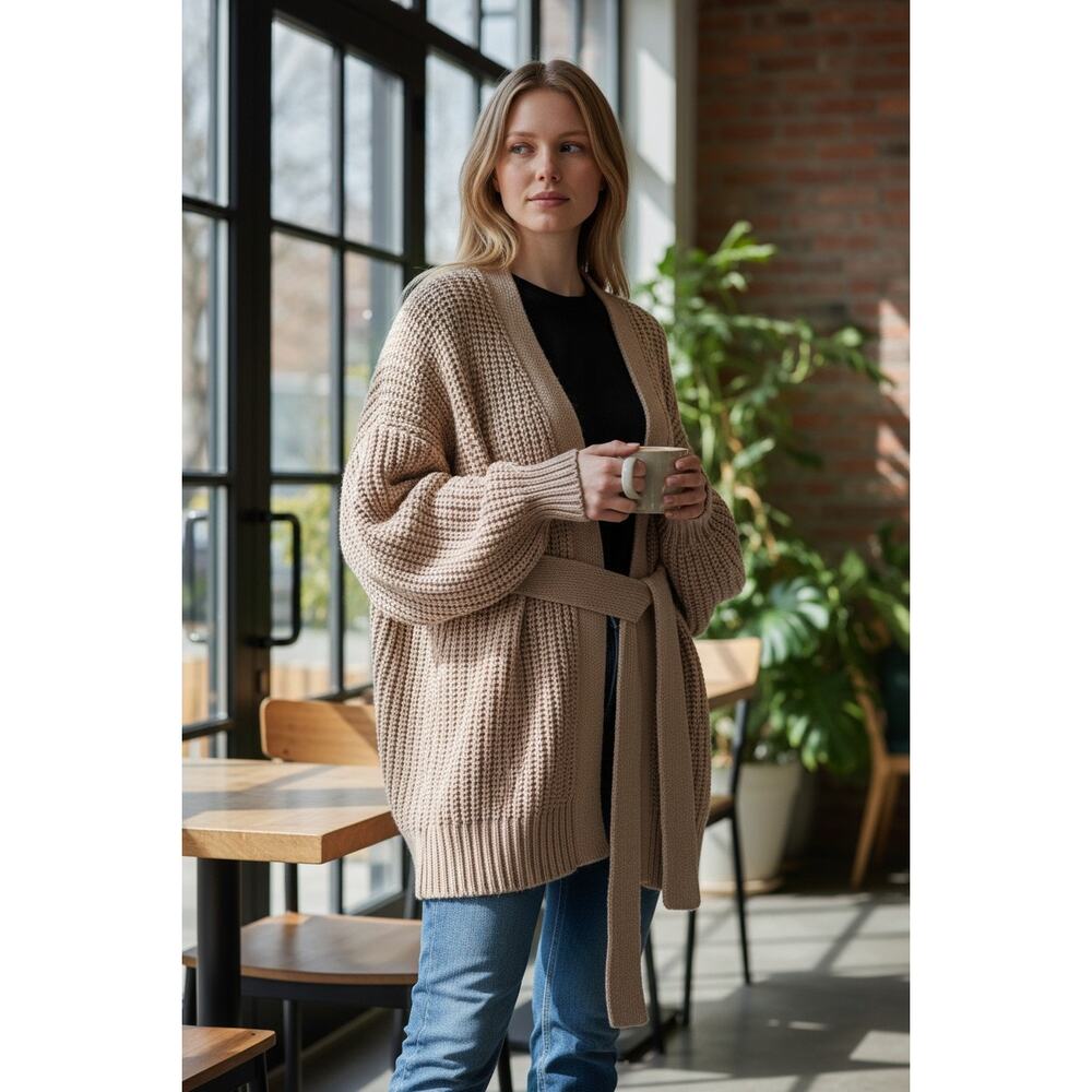 Zara Cream Beige Ribbed Knit Tie Waist Oversized Wrap Sweater Size Medium